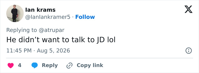 Screenshot of a social media comment about JD Vance, newborn son, and critics reacting to his casual comment. Screenshot of a social media comment about JD Vance, newborn son, and critics reacting to his casual comment.