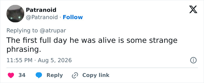 Screenshot of a tweet by Patranoid remarking on the strange phrasing in JD Vance's newborn son comment. Screenshot of a tweet by Patranoid remarking on the strange phrasing in JD Vance's newborn son comment.
