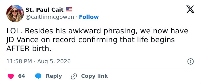 A screenshot of a tweet from St. Paul Cait about JD Vance and his newborn son, discussing the casual comment. A screenshot of a tweet from St. Paul Cait about JD Vance and his newborn son, discussing the casual comment.