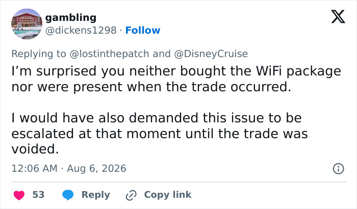 A social media post from gambling surprised about the Disney cruise passenger's lack of action regarding the scam.
