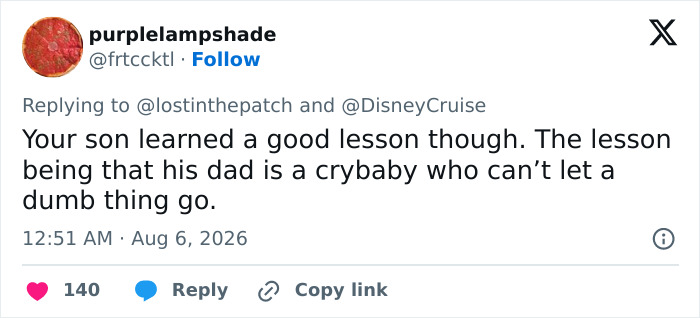 A screenshot of a tweet from user purplelampshade replying to @lostinthepatch and @DisneyCruise about a Disney cruise cast member scam.