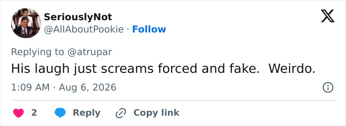 Screenshot of a tweet by SeriouslyNot criticizing JD Vance's laugh in connection with his newborn son comment. Screenshot of a tweet by SeriouslyNot criticizing JD Vance's laugh in connection with his newborn son comment.