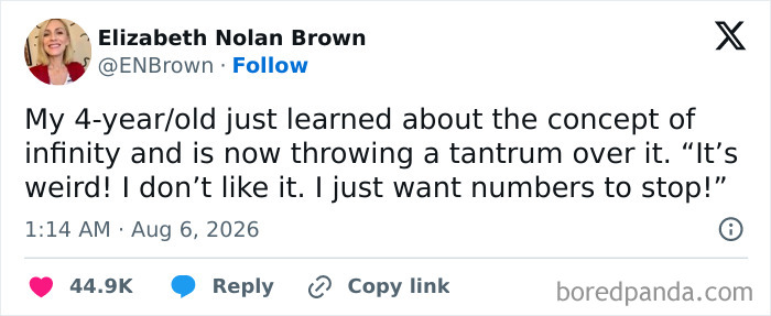 A tweet from Elizabeth Nolan Brown about her 4-year-old having a tantrum over the concept of infinity, illustrating the comedy of raising kids.