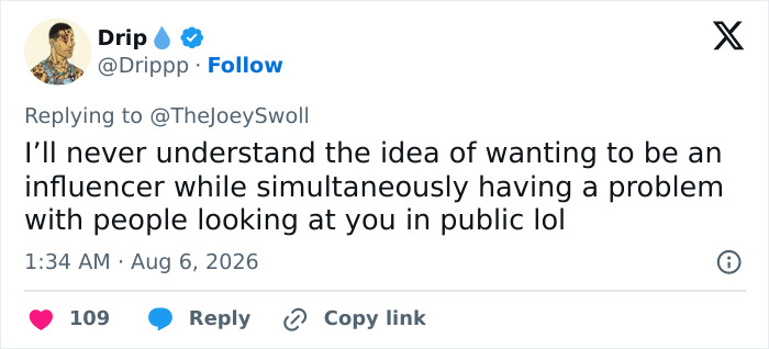 A tweet responding to Joey Swoll, criticizing an influencer for shaming people for looking while filming in public. A tweet responding to Joey Swoll, criticizing an influencer for shaming people for looking while filming in public.