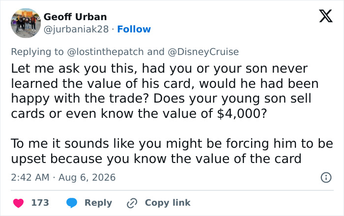 A tweet from Geoff Urban asking if the young son would have been happy with the trade without knowing the card's value. Focuses on the Disney cruise passenger incident.