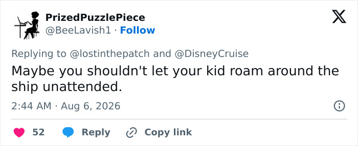 A social media post from PrizedPuzzlePiece suggesting the kid shouldn't roam the Disney cruise ship unattended.