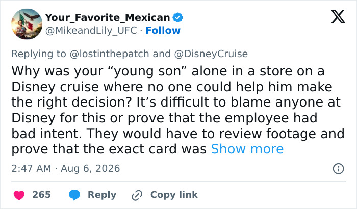 Tweet from Your_Favorite_Mexican about a Disney cruise passenger and alleged scam.