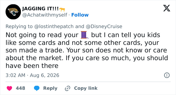 A social media comment about the Disney Cruise passenger incident, discussing the young son's alleged scam.