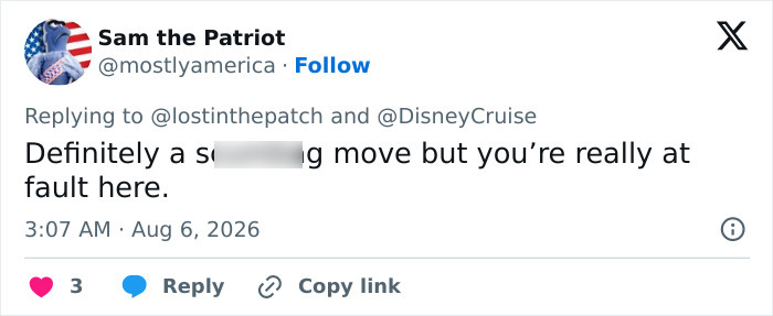 A tweet from Sam the Patriot stating the cruise passenger is at fault. Mentions the Disney cruise passenger incident.