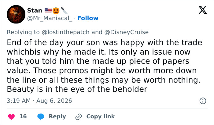 A tweet from Stan discussing how the young son was happy with the trade and the value of cards. Addresses the Disney cruise passenger blast.