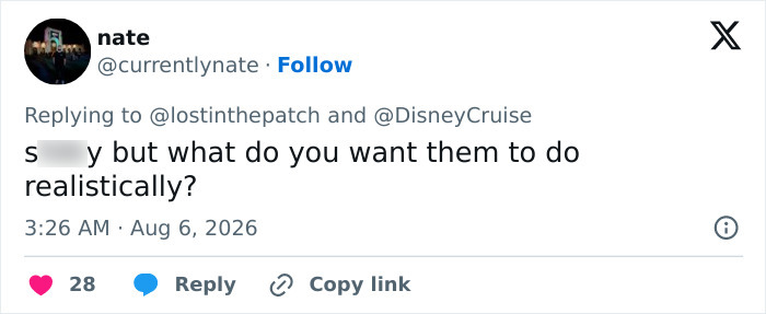 A social media post from nate asking what Disney can do realistically about the alleged scam.
