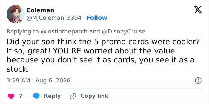 Tweet from Coleman responding to a Disney cruise passenger about promo cards and value.