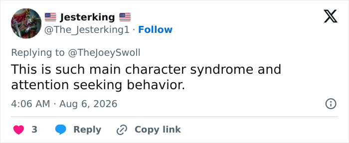A social media comment from Jesterking criticizing the influencer for main character syndrome and attention-seeking behavior. A social media comment from Jesterking criticizing the influencer for main character syndrome and attention-seeking behavior.