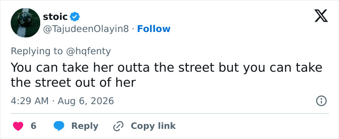 A social media user comments on the Rihanna and A$AP Rocky video, saying: You can take her outta the street but you can take the street out of her. A social media user comments on the Rihanna and A$AP Rocky video, saying: You can take her outta the street but you can take the street out of her.