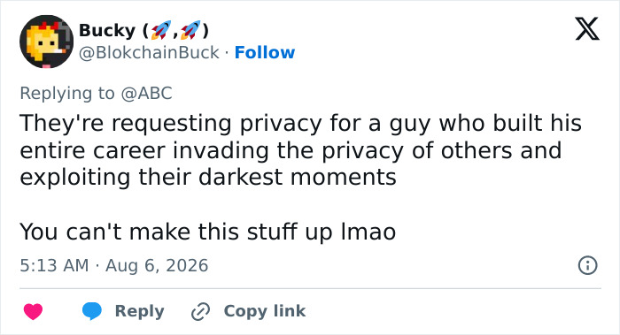 Screenshot of a tweet by Bucky criticizing privacy requests for Perez Hilton after his significant injuries and impending surgery. Screenshot of a tweet by Bucky criticizing privacy requests for Perez Hilton after his significant injuries and impending surgery.