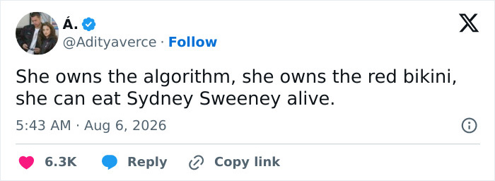 A tweet praises the red bikini girl for owning the algorithm and captivating her audience. A tweet praises the red bikini girl for owning the algorithm and captivating her audience.