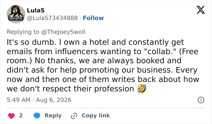 Screenshot of a social media reply about influencers wanting free hotel stays, related to Joey Swoll's intervention. Screenshot of a social media reply about influencers wanting free hotel stays, related to Joey Swoll's intervention.