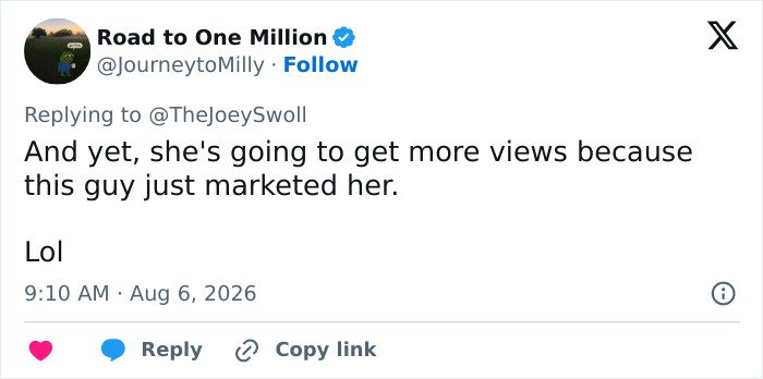 A social media comment from Road to One Million suggesting Joey Swoll's intervention will give the influencer more views. A social media comment from Road to One Million suggesting Joey Swoll's intervention will give the influencer more views.