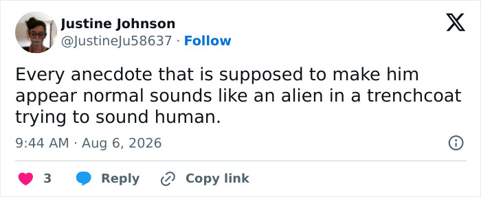 Screenshot of a tweet by Justine Johnson suggesting JD Vance's anecdotes sound unnatural about his newborn son. Screenshot of a tweet by Justine Johnson suggesting JD Vance's anecdotes sound unnatural about his newborn son.