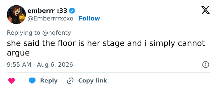 A social media user comments on the Rihanna and A$AP Rocky video, saying: she said the floor is her stage and i simply cannot argue. A social media user comments on the Rihanna and A$AP Rocky video, saying: she said the floor is her stage and i simply cannot argue.
