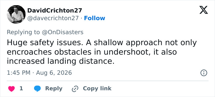 A tweet about a woman injured by a jet engine, discussing safety issues and increased landing distance.