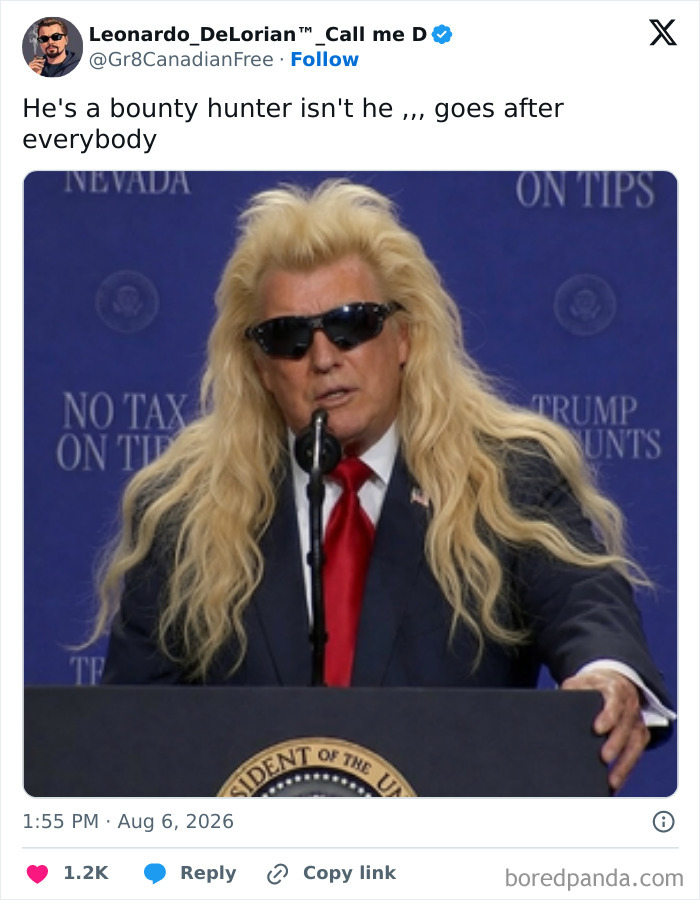 Viral meme of Trump's hair, a photoshopped image of Donald Trump with long blonde hair and sunglasses.
