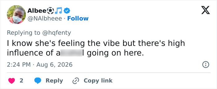 A social media user comments on the Rihanna and A$AP Rocky video, saying: I know she's feeling the vibe but there's high influence of a **** going on here. A social media user comments on the Rihanna and A$AP Rocky video, saying: I know she's feeling the vibe but there's high influence of a **** going on here.