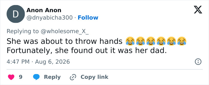 A tweet by Anon Anon about a daughter's reaction to her family flying across the world to surprise her.