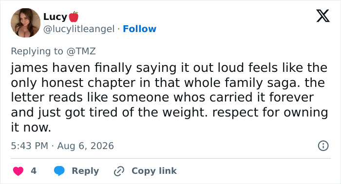 Screenshot of a tweet from Lucy, @lucylittleangel, reacting to James Haven finally breaking his silence on a major secret.
