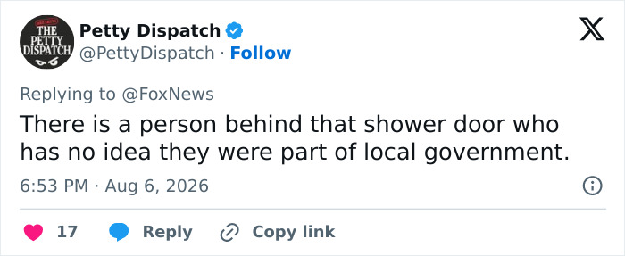 Screenshot of a Petty Dispatch tweet about a politician's livestreamed meeting background scandal. Screenshot of a Petty Dispatch tweet about a politician's livestreamed meeting background scandal.