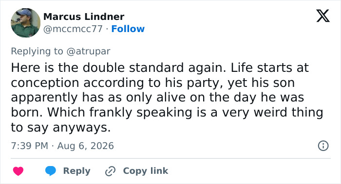 A screenshot of a tweet from Marcus Lindner, criticizing JD Vance's comment about his newborn son. A screenshot of a tweet from Marcus Lindner, criticizing JD Vance's comment about his newborn son.