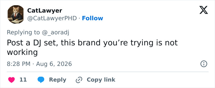 A tweet from CatLawyer suggests the red bikini girl post a DJ set, implying her current brand isn't working. A tweet from CatLawyer suggests the red bikini girl post a DJ set, implying her current brand isn't working.