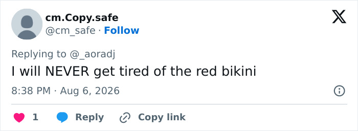 A tweet expresses continued enjoyment of the viral red bikini videos, saying Never get tired. A tweet expresses continued enjoyment of the viral red bikini videos, saying Never get tired.