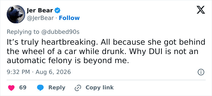 A social media comment from Jer Bear about a drunk woman ending a bride's life on wedding day, discussing DUI. A social media comment from Jer Bear about a drunk woman ending a bride's life on wedding day, discussing DUI.