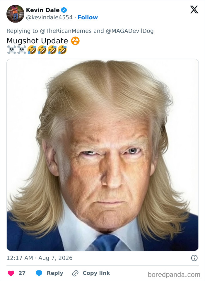 Viral meme of Trump's hair, a mugshot update of Donald Trump with long blonde hair.