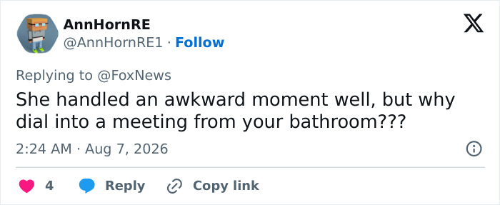 A tweet questioning why a politician dialled into a meeting from the bathroom during an awkward scandal. A tweet questioning why a politician dialled into a meeting from the bathroom during an awkward scandal.