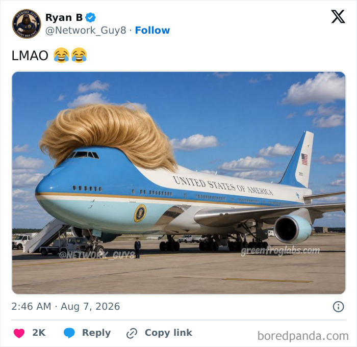 Trump's hair becomes a viral meme, photoshopped onto the front of Air Force One.