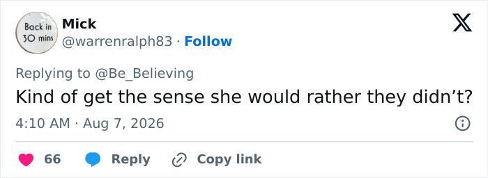 A tweet by Mick, @warrenralph83, saying, Kind of get the sense she would rather they didn't? referring to the family surprise.