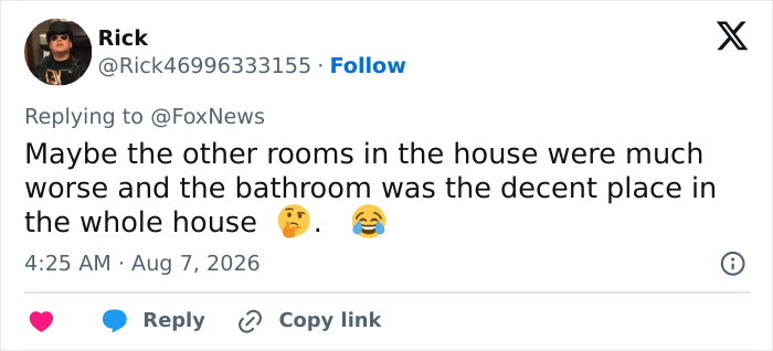 A tweet about a politician caught in awkward scandal, suggesting the bathroom was the only decent room for a livestreamed meeting. A tweet about a politician caught in awkward scandal, suggesting the bathroom was the only decent room for a livestreamed meeting.