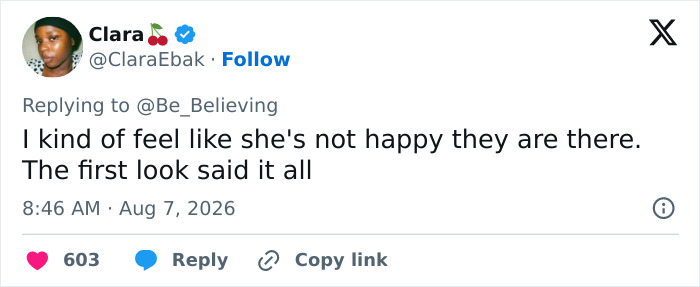 A Twitter comment from Clara saying 'I kind of feel like she's not happy they are there. The first look said it all' about the family surprise.