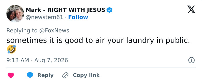 Another Twitter comment on the politician scandal, suggesting it is good to air your laundry in public. Another Twitter comment on the politician scandal, suggesting it is good to air your laundry in public.