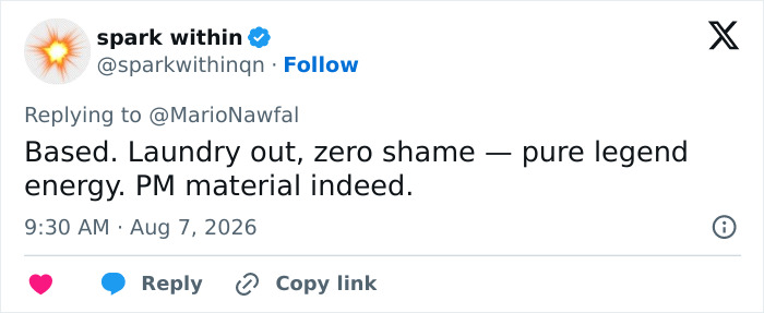 A tweet praising a politician caught in awkward scandal for having laundry out, calling it pure legend energy. A tweet praising a politician caught in awkward scandal for having laundry out, calling it pure legend energy.