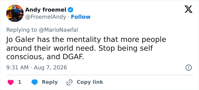 Tweet by Andy froemel expressing support for Jo Galer's mentality after the politician scandal. Tweet by Andy froemel expressing support for Jo Galer's mentality after the politician scandal.