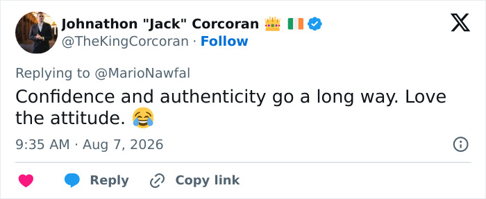 Tweet by Johnathon Jack Corcoran praising confidence and authenticity regarding the politician scandal. Tweet by Johnathon Jack Corcoran praising confidence and authenticity regarding the politician scandal.
