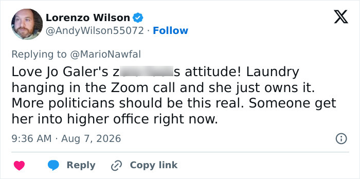 Screenshot of a Lorenzo Wilson tweet praising politician Jo Galer amid her livestreamed meeting background scandal. Screenshot of a Lorenzo Wilson tweet praising politician Jo Galer amid her livestreamed meeting background scandal.