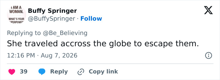Tweet from 'Buffy Springer' describing the daughter's reaction to her family surprise after traveling across the globe.