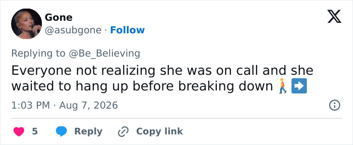 Tweet from 'Gone' about the daughter's reaction to her family surprise, waiting to hang up before breaking down.