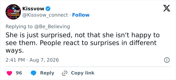 Screenshot of a tweet discussing the daughter's reaction to the surprise.