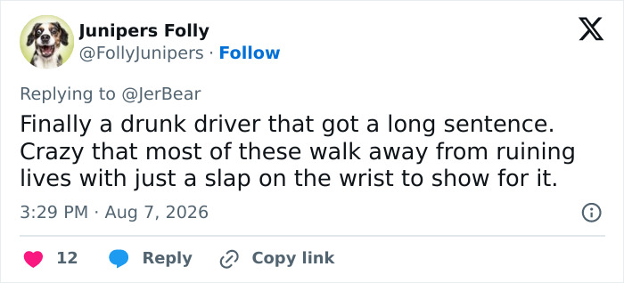 A social media post commending the long sentence for the drunk driver who ended the bride's life. A social media post commending the long sentence for the drunk driver who ended the bride's life.