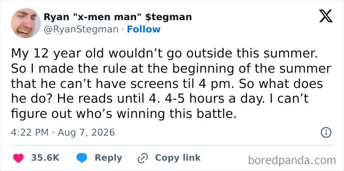 A tweet from Ryan about his 12-year-old reading 4-5 hours a day instead of using screens, reflecting the comedy of raising kids.